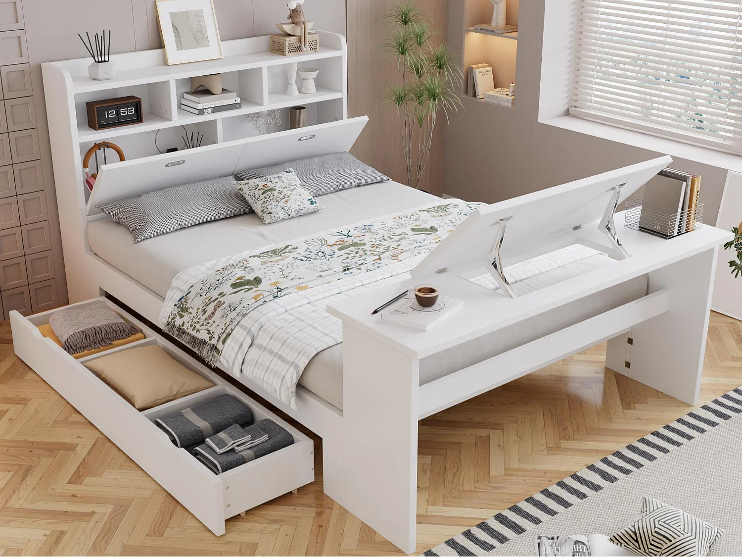 Łóżko dziecięce 140 × 200 cm - z regulowanym składanym stolikiem - z przestrzenią do przechowywania i półkami - z szufladą - biały (bez materaca) 5034392 - obrazek 1