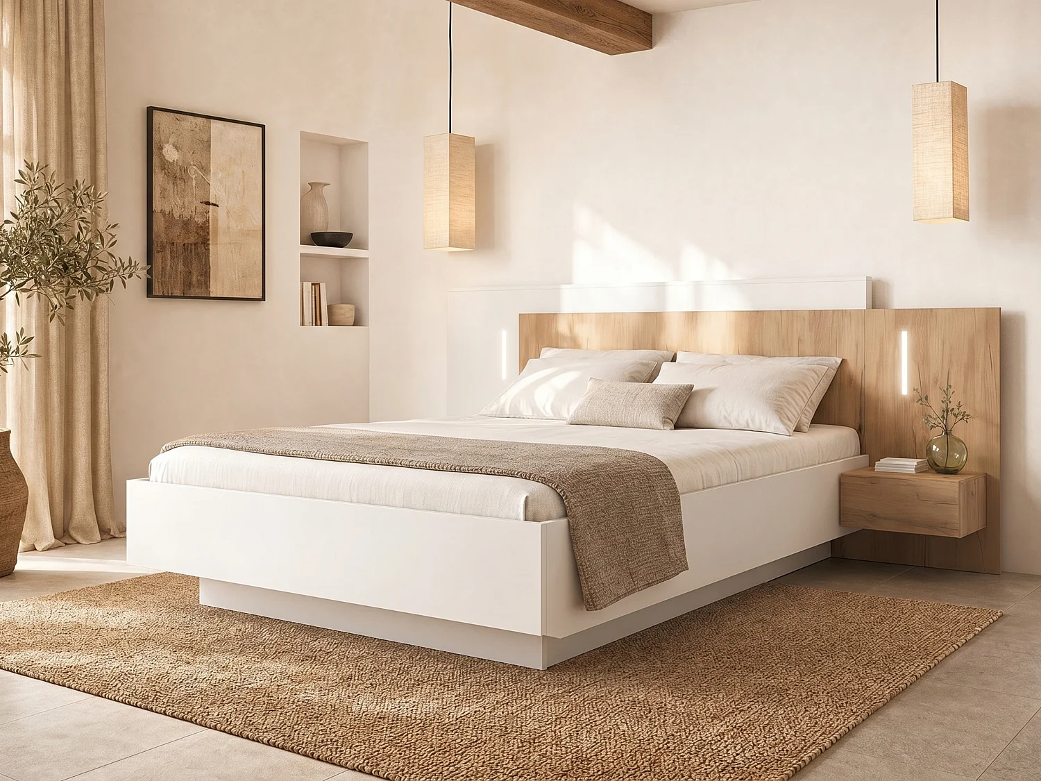 Łóżko ze skrzynią i szafkami nocnymi 160 x 200 cm - 2 szuflady - Z oświetleniem LED - Kolor: Biały i naturalny + Materac - FRANCOLI 4889926 - obrazek 1
