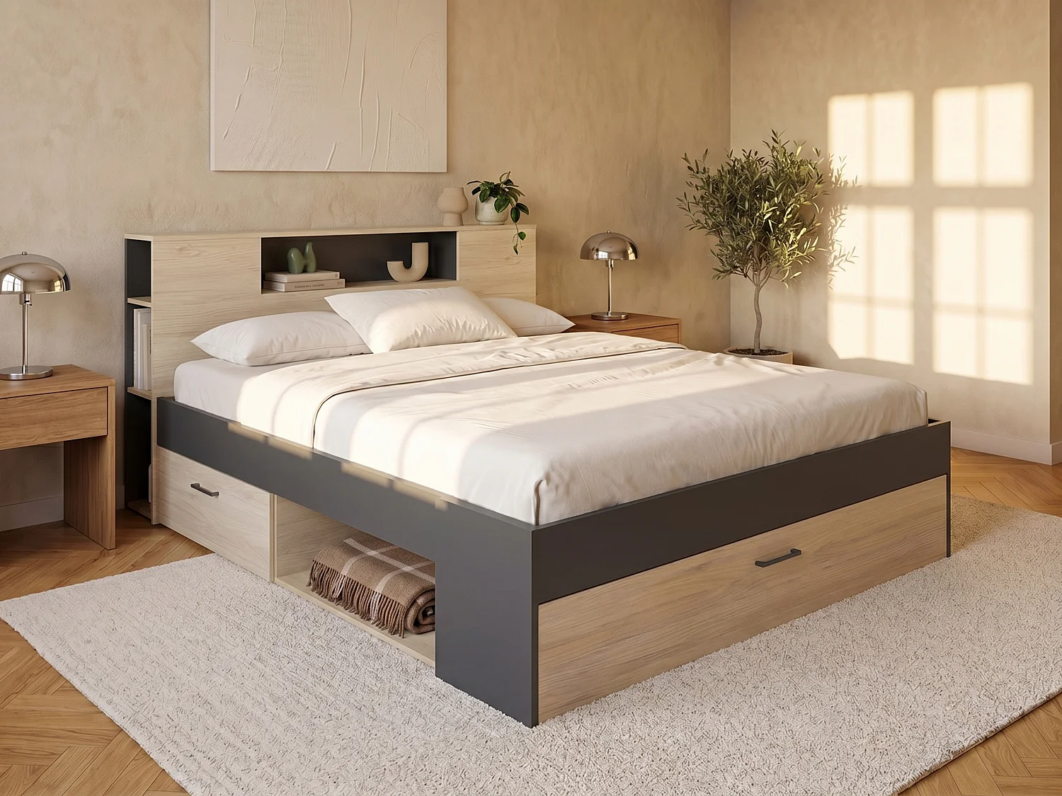 Łóżko z zagłówkiem, skrzyniami i szufladami – 140×190 cm – Kolor: Naturalny i antracyt – LEANDRE 118237