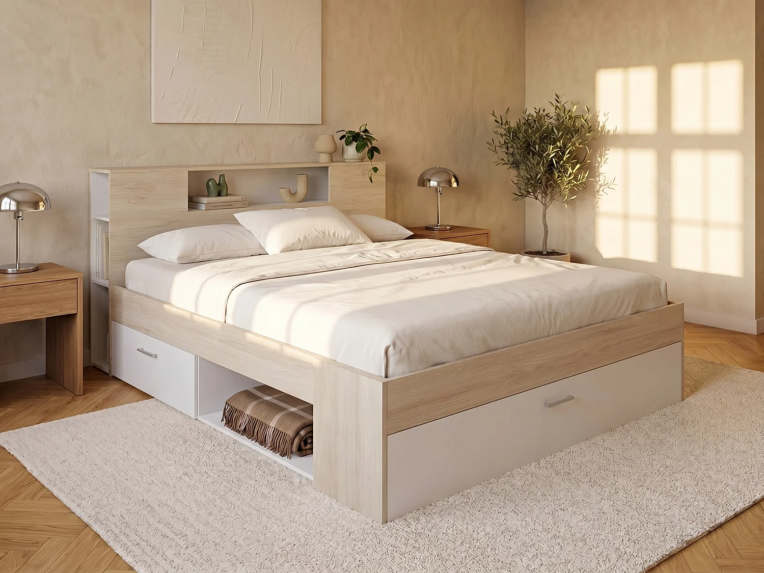 Łóżko z zagłówkiem, ze skrzynią i szufladami – 140 × 190 cm – kolor biały i naturalny – LEANDRE 138889