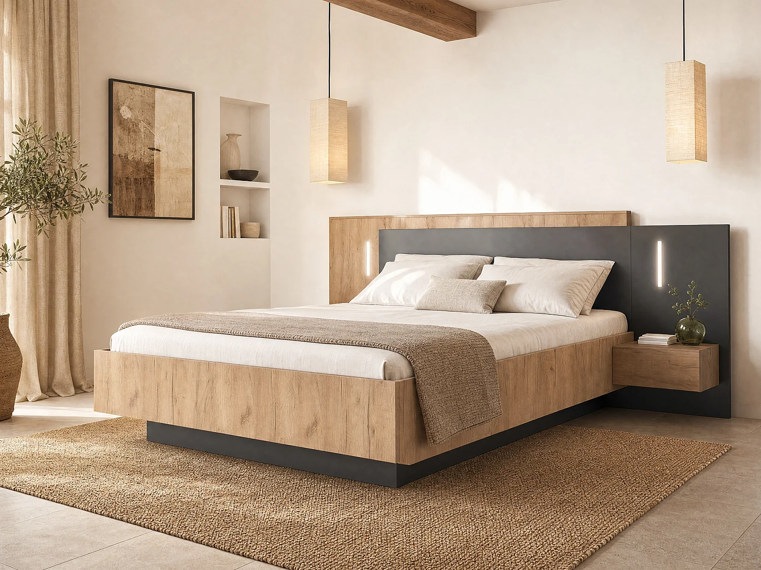 Łóżko ze skrzynią i szafkami nocnymi 140 x 190 cm - 2 szuflady - Z oświetleniem LED - Kolor: Naturalny i antracyt + Materac - FRANCOLI 4889914 - obrazek 1