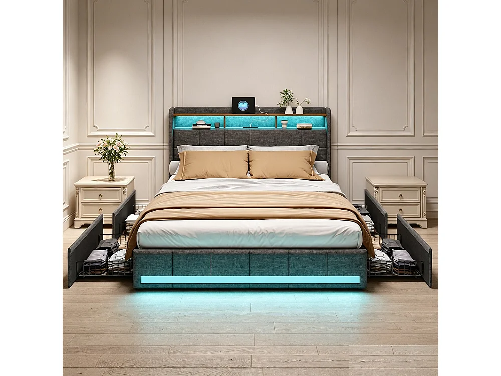 Łóżko dla Dorosłych 160x200 cm Szare z LED, 4 Szufladami, Ładowaniem USB i Tapicerowanym Zagłówkiem z Przechowywaniem 4226064 - obrazek 1