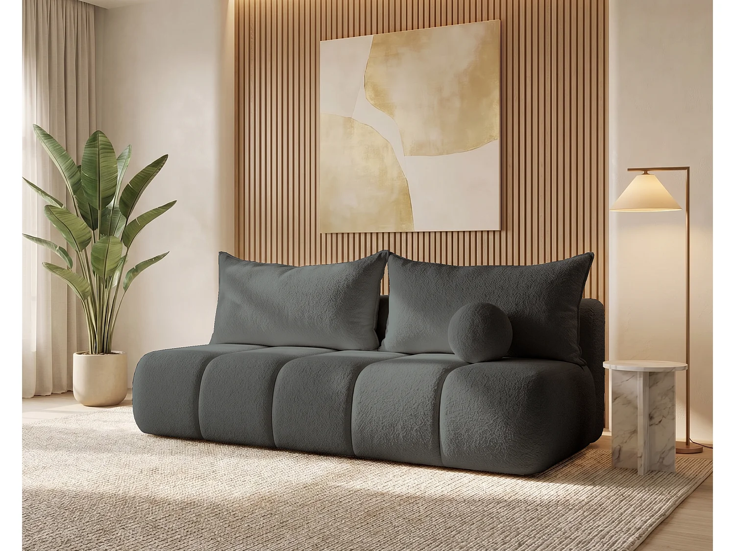BESILIO Obła kanapa rozkładana Glomi – tkanina boucle, sofa z funkcją spania- Ciemnoszary 5037405