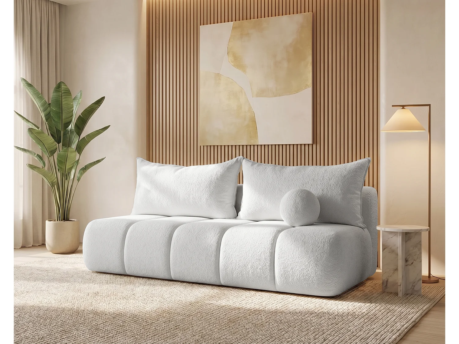 BESILIO Obła kanapa rozkładana Glomi – tkanina boucle, sofa z funkcją spania- Jasnoszary 5037404