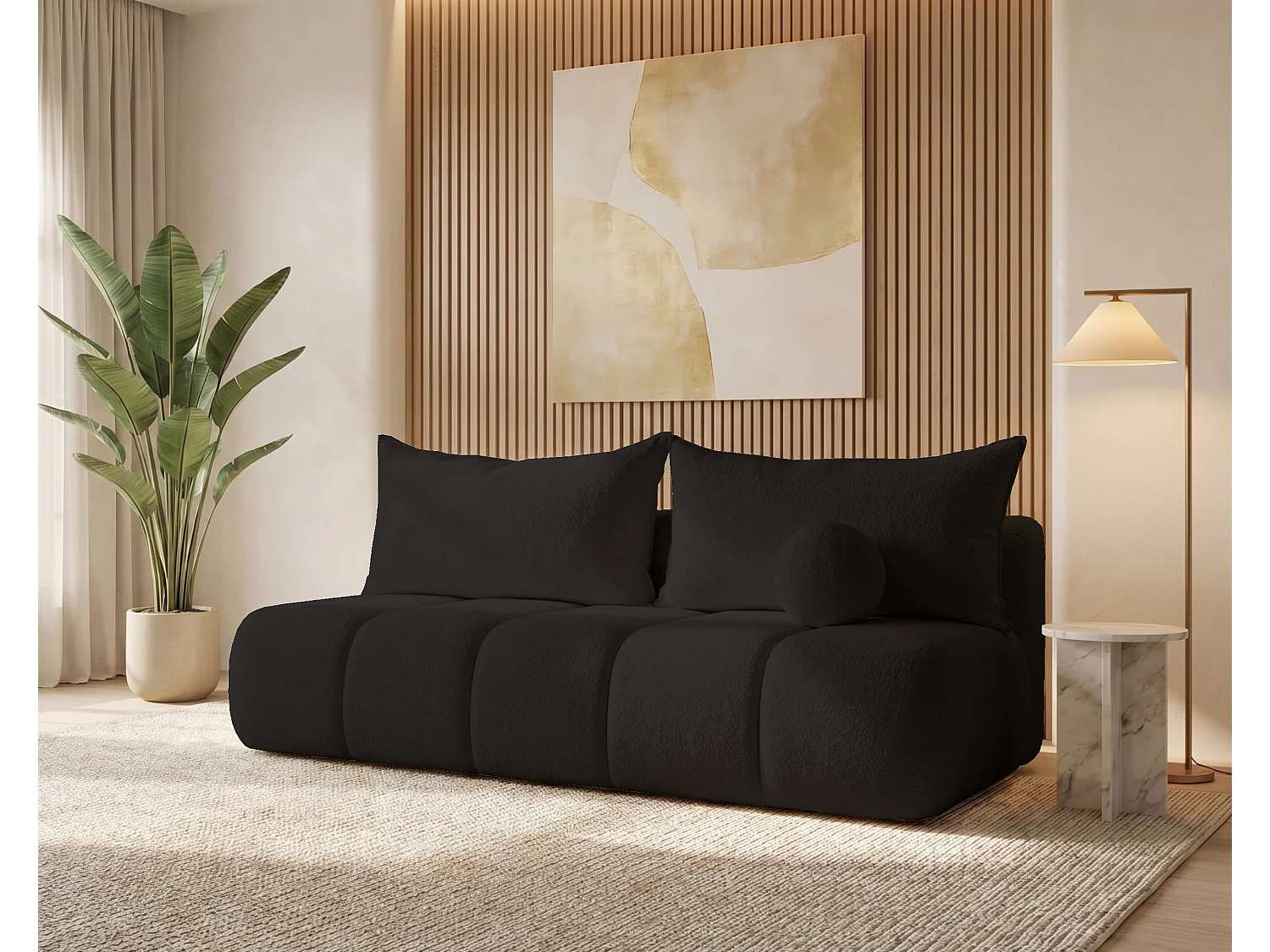 BESILIO Obła kanapa rozkładana Glomi - tkanina boucle, sofa z funkcją spania- Czarny 5037406 - obrazek 1