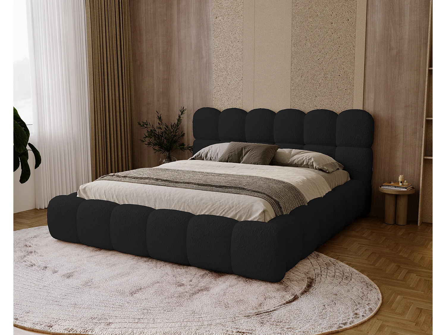BESILIO Łóżko tapicerowane boucle 200x200 Chicago - gruba pianka, pojemnik i stelaż - Czarny 5037561 - obrazek 1