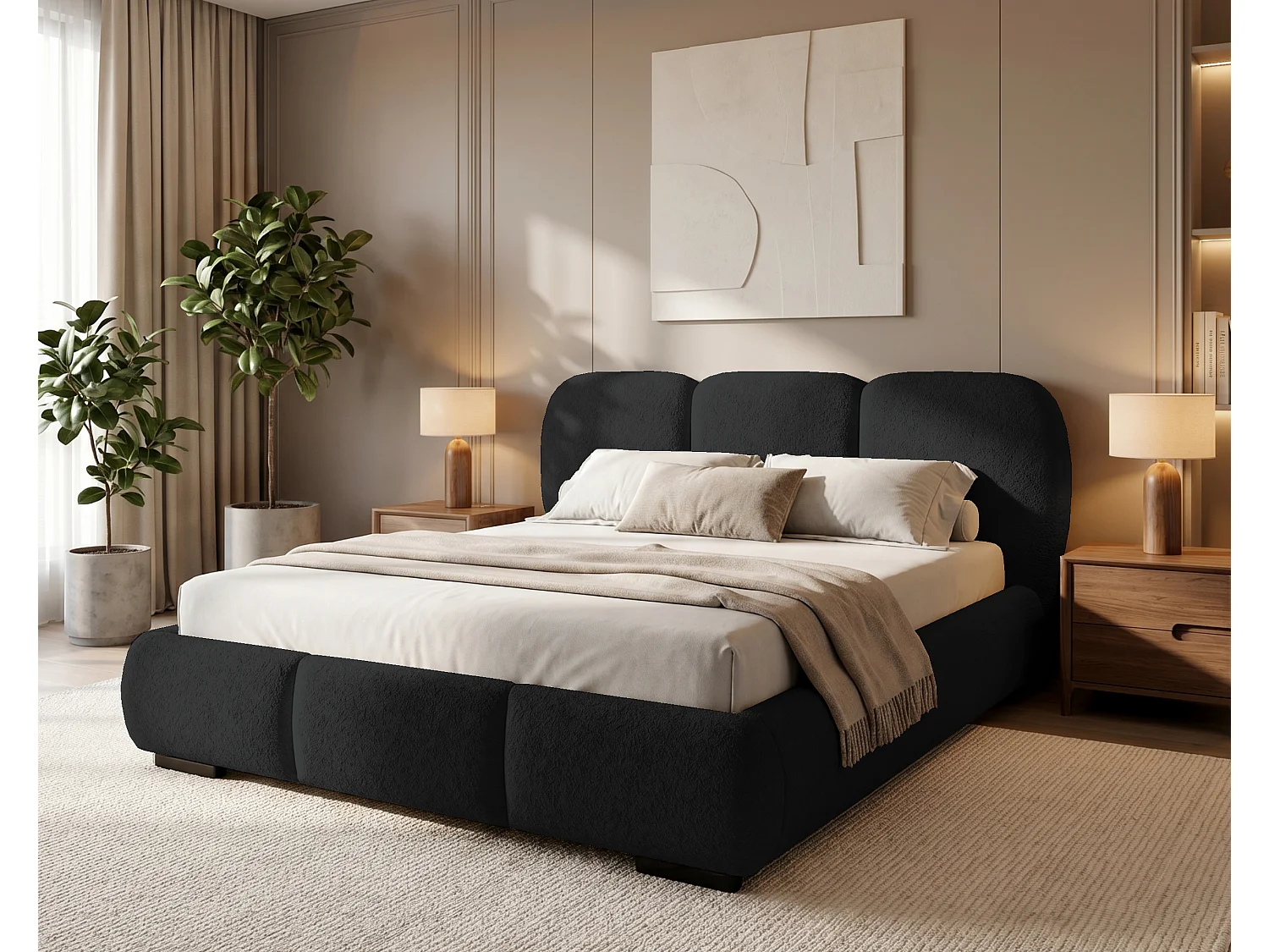 BESILIO Łóżko z pojemnikiem i stelażem 200x200 Holi- łóżko podwójne tapicerowane, tkanina boucle, baranek - Czarny 5037564 - obrazek 1