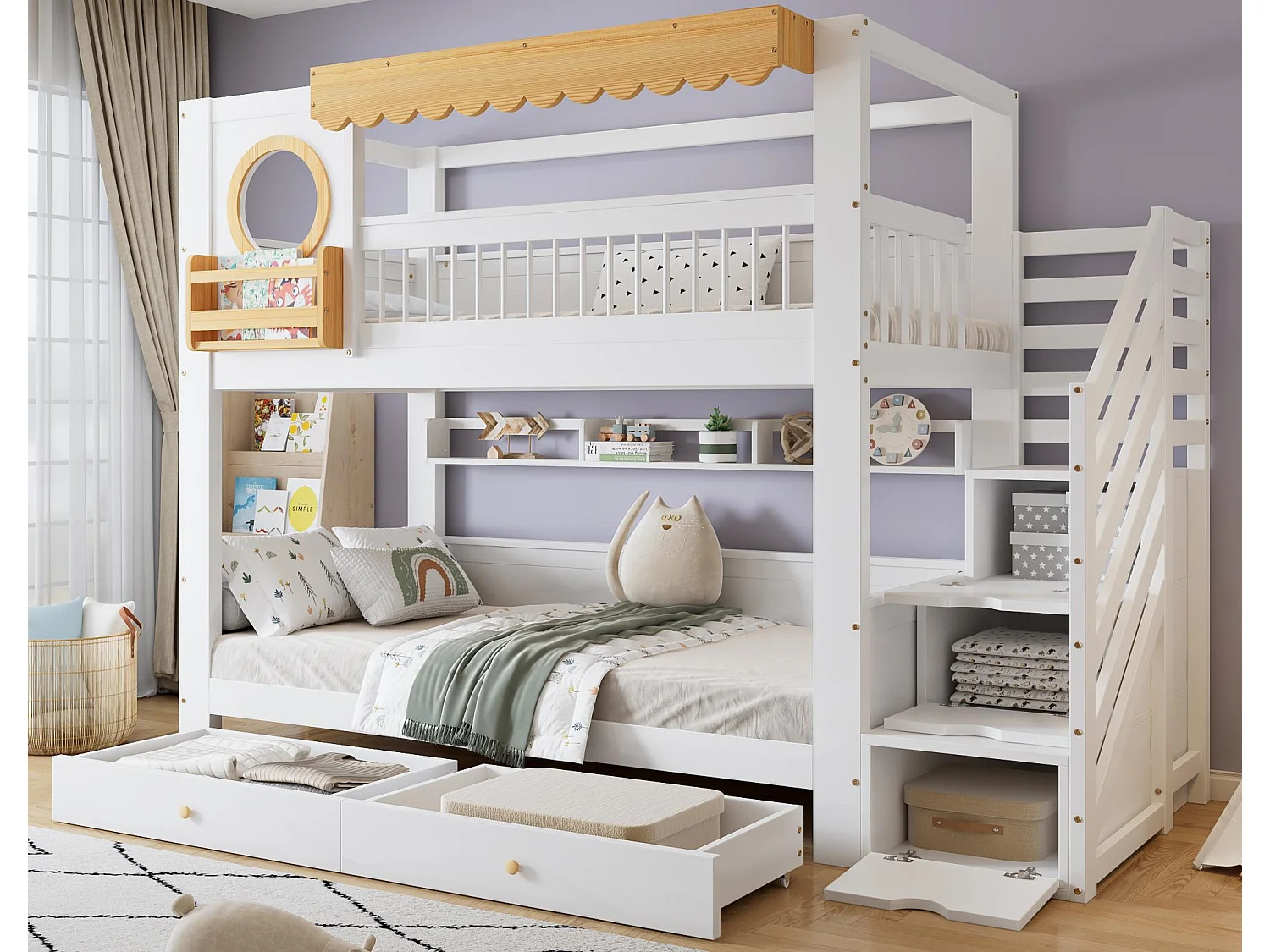 Łóżko piętrowe 90x200cm – z 2 szufladami – schody z miejscem do przechowywania – z półkami – Drewno lite + MDF – Biały + Naturalny (bez materaca) 4530391