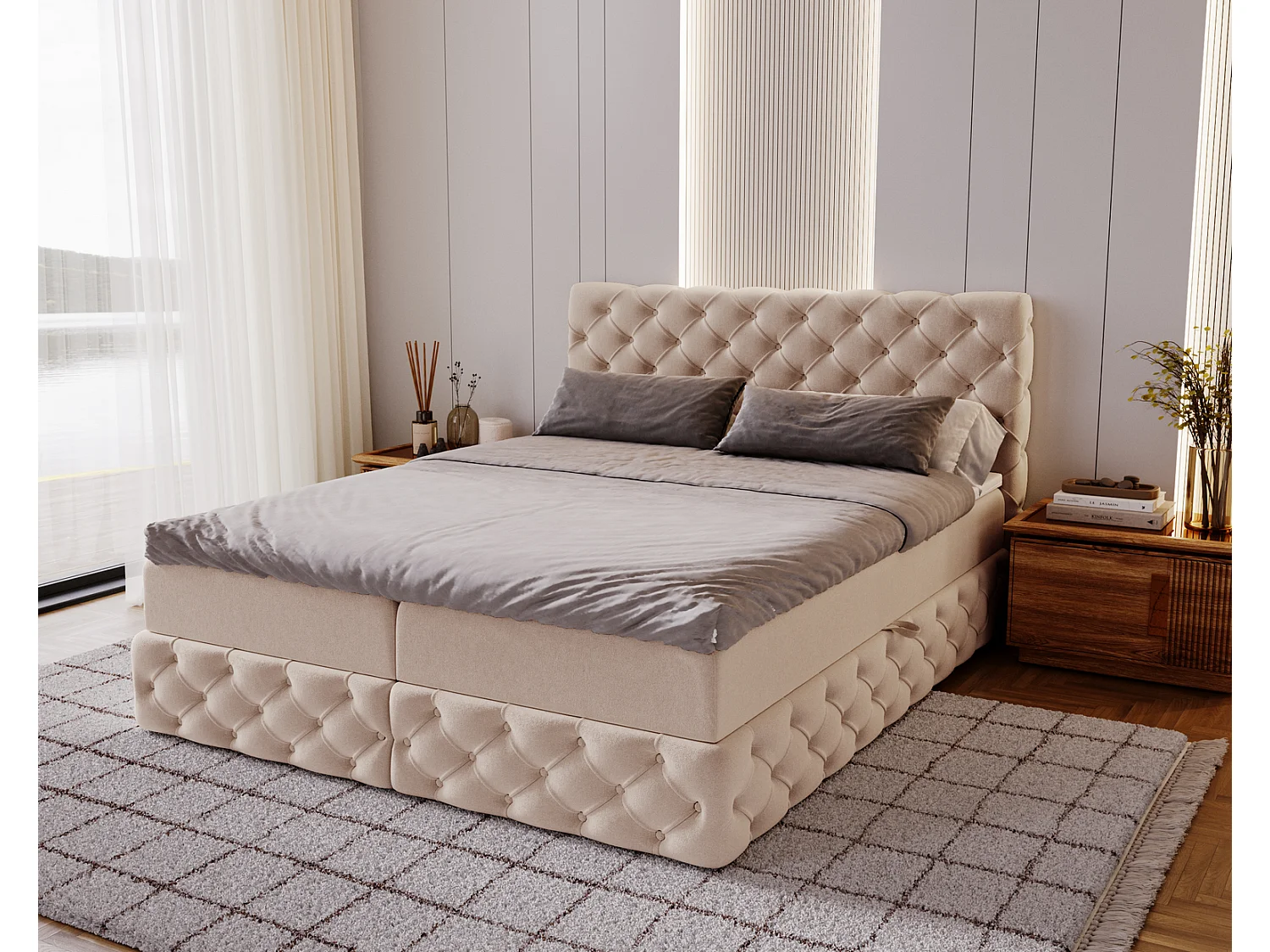 Łóżko kontynentalne 160x200 Royal z materacem i pojemnikiem, pikowane Chesterfield glamour, beżowe 3973302 - obrazek 1