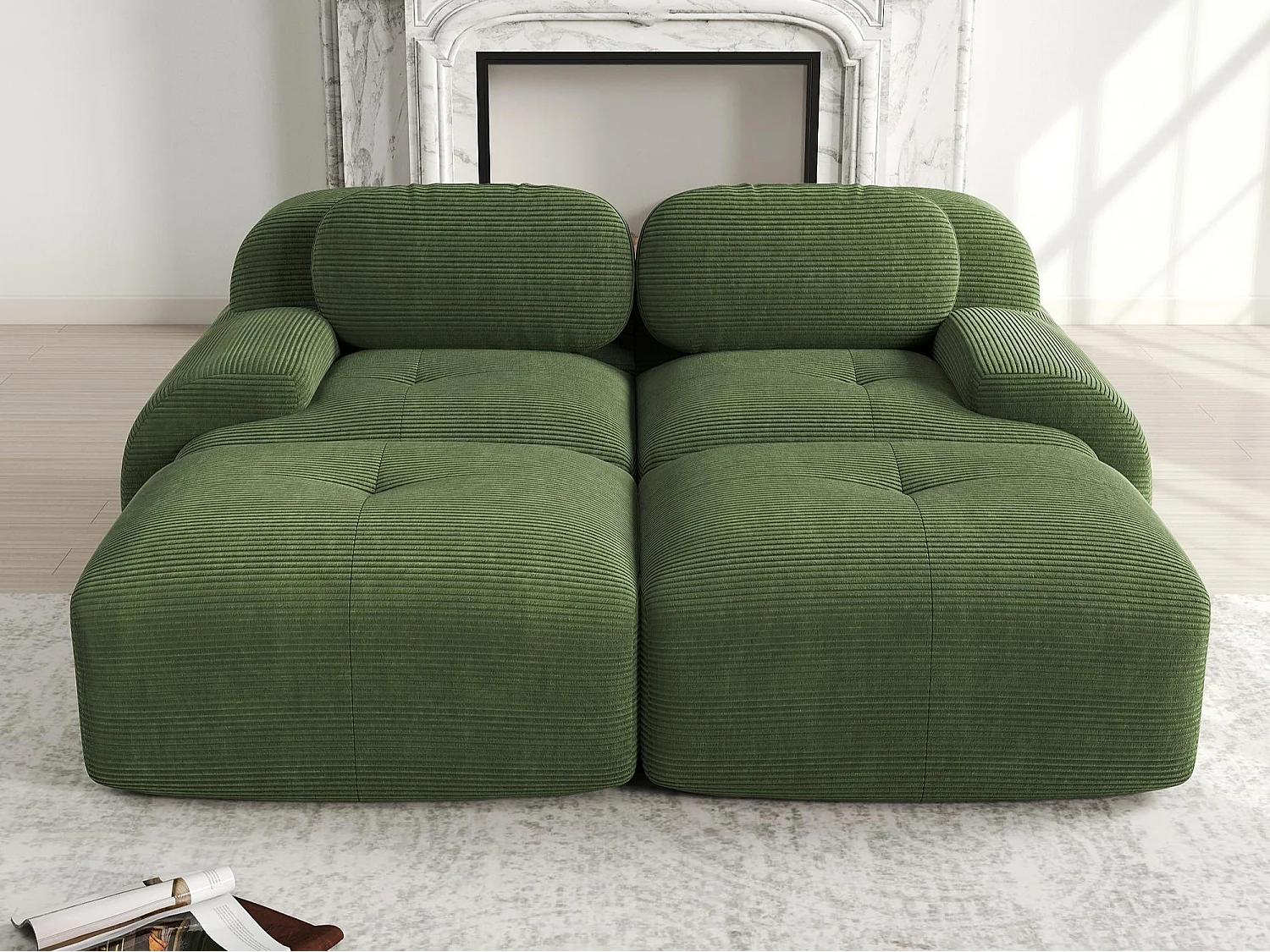 2-osobowa sofa bez stelaża – Modułowa i dowolnie konfigurowalna – Z szezlongiem – Tkanina o wysokiej elastyczności – Sztruks – Zielony 5043572