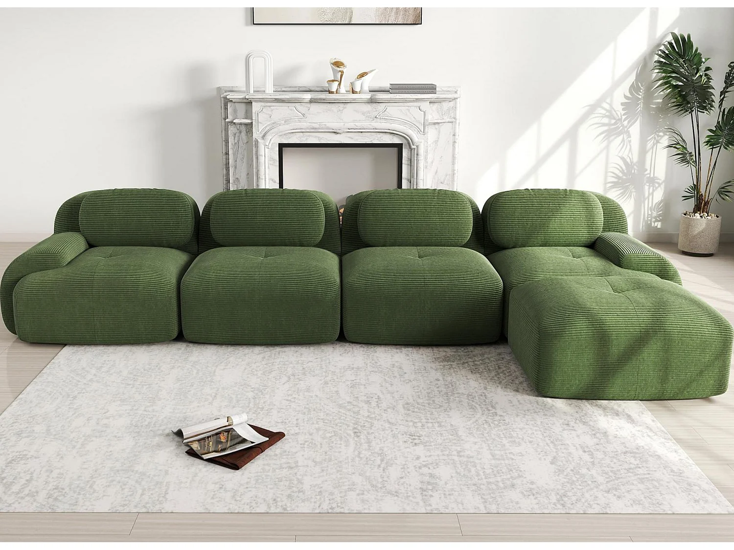 4-osobowa narożna sofa bez stelaża - Modułowa i dowolnie konfigurowalna - Tkanina o wysokiej elastyczności - Sztruks - Zielony 5043585 - obrazek 1