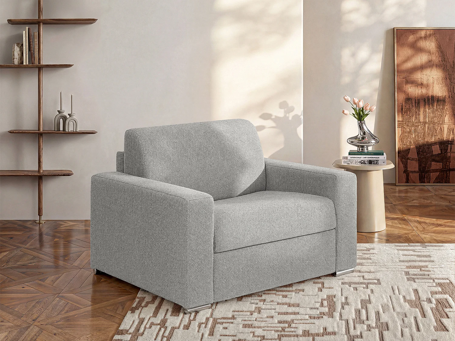 Fotel rozkładany typu express z jasnoszarą tapicerką - Miejsce do spania 70 cm - Materac 14 cm - CALITO 3294647 - obrazek 1