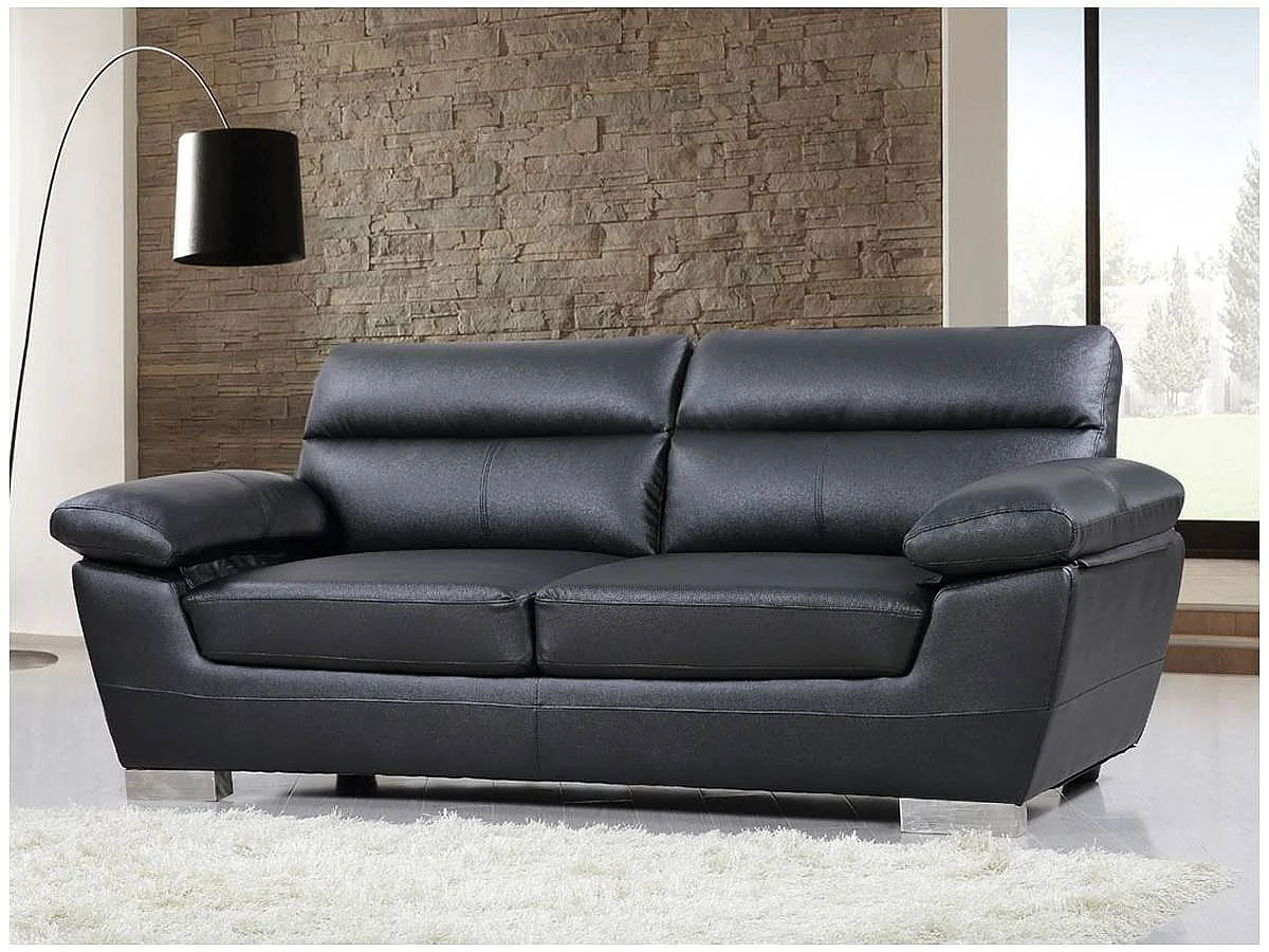 3-osobowa sofa „Dallas” z czarnej skóry z zagłówkami i siedziskiem z odtworzonej skóry 456673
