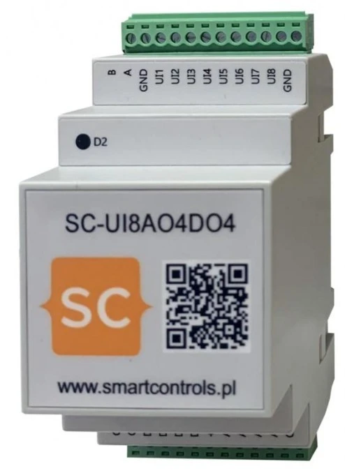 Moduł RS 485 Modbus RTU ‑ wejść wyjść I/O, 8 wejść uniwersalnych, 4 wyjścia analogowe, 4 wyjścia cyfrowe DIN SC‑UI8AO4DO4