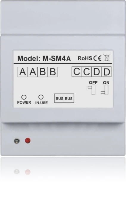Moduł rozdzielenia sygnału w rozbudowanych instalacjach Zawiera wzmacniacz z automatyką M‑SM4A