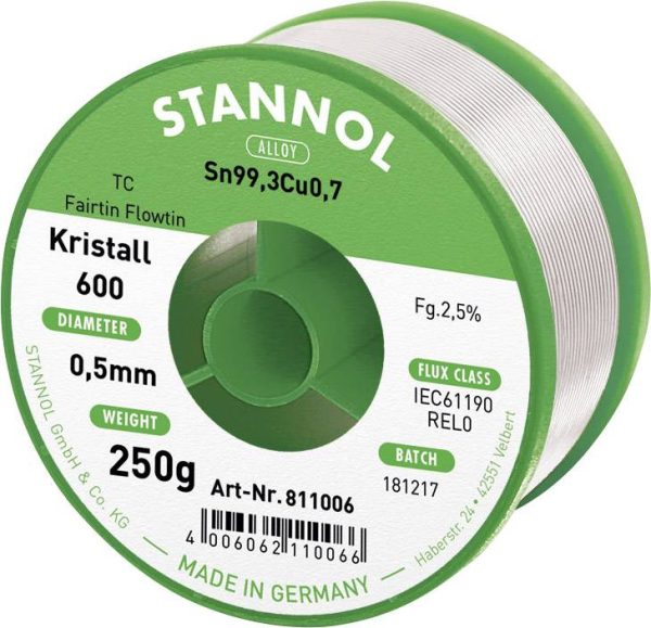 Cyna lutownicza bezołowiowa Stannol Kristall 600 Fairtin bezołowiowa Sn99,3Cu0,7 REL0 250 g 0.5 mm