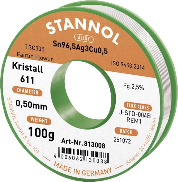 Cyna lutownicza bezołowiowa Stannol Kristall 611 Fairtin bezołowiowa Sn96,5Ag3Cu0,5 REM1 100 g 0.5 mm