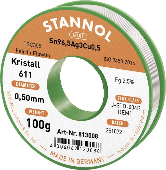 Cyna lutownicza bezołowiowa Stannol Kristall 611 Fairtin bezołowiowa Sn96,5Ag3Cu0,5 REM1 100 g 0.5 mm - obrazek 1