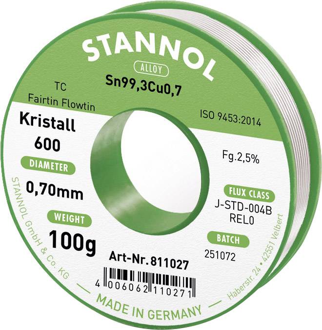 Cyna lutownicza bezołowiowa Stannol Kristall 600 Fairtin bezołowiowa Sn99,3Cu0,7 REL0 100 g 0.7 mm - obrazek 1