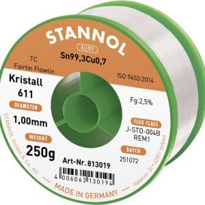 Cyna lutownicza bezołowiowa Stannol Kristall 611 Fairtin bezołowiowa Sn99,3Cu0,7 REM1 250 g 1 mm
