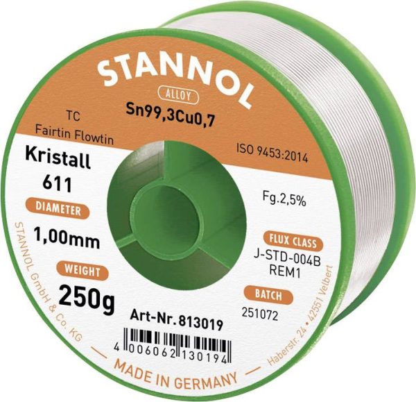 Cyna lutownicza bezołowiowa Stannol Kristall 611 Fairtin bezołowiowa Sn99,3Cu0,7 REM1 250 g 1 mm