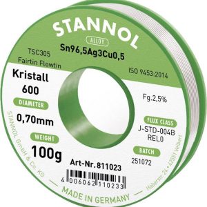 Cyna lutownicza bezołowiowa Stannol Kristall 600 Fairtin bezołowiowa Sn96,5Ag3Cu0,5 REL0 100 g 0.7 mm Cyna lutownicza bezołowiowa Stannol Kristall 600 Fairtin bezołowiowa Sn96,5Ag3Cu0,5 REL0 100 g 0.7 mm