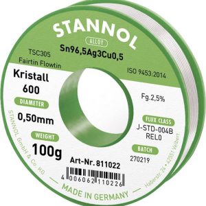 Cyna lutownicza bezołowiowa Stannol Kristall 600 Fairtin bezołowiowa Sn96,5Ag3Cu0,5 REL0 100 g 0.5 mm Cyna lutownicza bezołowiowa Stannol Kristall 600 Fairtin bezołowiowa Sn96,5Ag3Cu0,5 REL0 100 g 0.5 mm