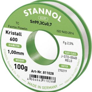Cyna lutownicza bezołowiowa Stannol Kristall 600 Fairtin bezołowiowa Sn99,3Cu0,7 REL0 100 g 1 mm