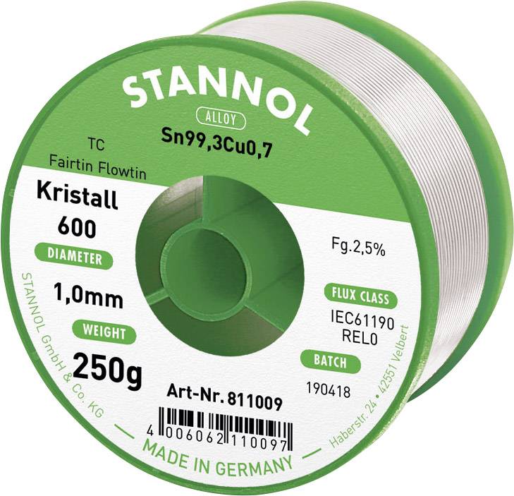 Cyna lutownicza bezołowiowa Stannol Kristall 600 Fairtin bezołowiowa Sn99,3Cu0,7 REL0 250 g 1 mm - obrazek 1