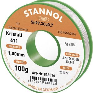 Cyna lutownicza bezołowiowa Stannol Kristall 611 Fairtin bezołowiowa Sn99,3Cu0,7 REM1 100 g 1 mm
