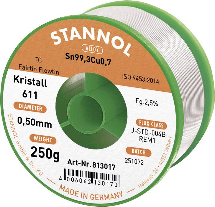 Cyna lutownicza bezołowiowa Stannol Kristall 611 Fairtin bezołowiowa Sn99,3Cu0,7 REM1 250 g 0.5 mm - obrazek 1