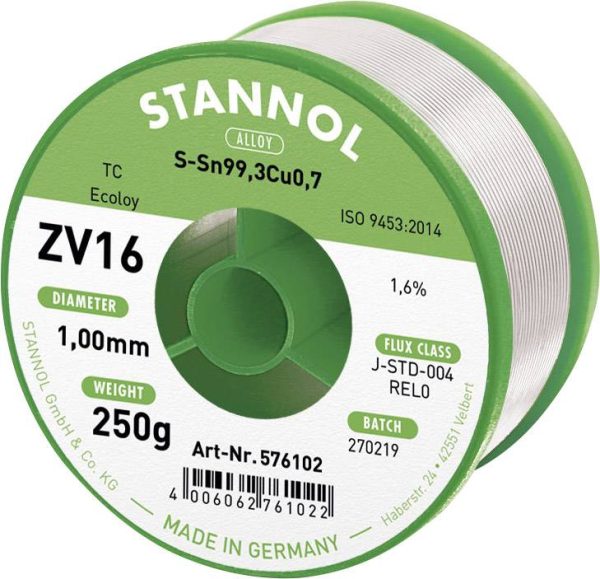 Cyna lutownicza bezołowiowa Stannol ZV16 bezołowiowa Sn99,3Cu0,7 REL0 250 g 1 mm