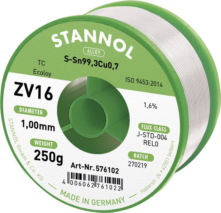 Cyna lutownicza bezołowiowa Stannol ZV16 bezołowiowa Sn99,3Cu0,7 REL0 250 g 1 mm - obrazek 1