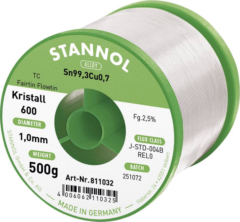 Cyna lutownicza bezołowiowa Stannol Kristall 600 Fairtin bezołowiowa Sn99,3Cu0,7 REL0 500 g 1 mm - obrazek 1