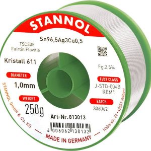 Cyna lutownicza bezołowiowa Stannol Kristall 611 Fairtin bezołowiowa Sn96,5Ag3Cu0,5 REM1 250 g 1 mm