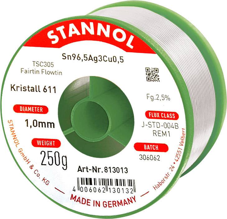 Cyna lutownicza bezołowiowa Stannol Kristall 611 Fairtin bezołowiowa Sn96,5Ag3Cu0,5 REM1 250 g 1 mm - obrazek 1