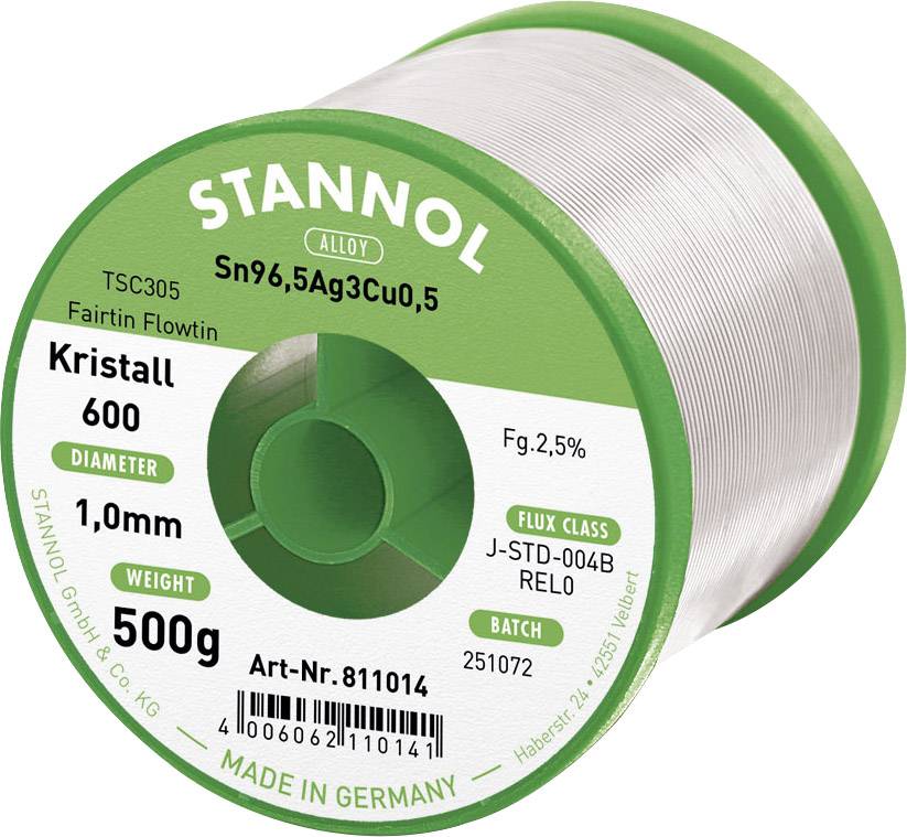 Cyna lutownicza bezołowiowa Stannol Kristall 600 Fairtin bezołowiowa Sn96,5Ag3Cu0,5 REL0 500 g 1 mm - obrazek 1