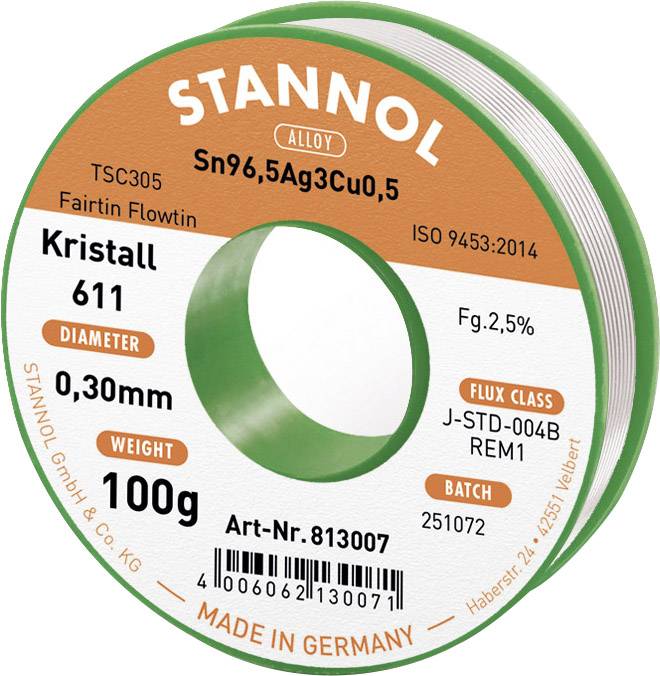 Cyna lutownicza bezołowiowa Stannol Kristall 611 Fairtin bezołowiowa Sn96,5Ag3Cu0,5 REM1 100 g 0.3 mm - obrazek 1