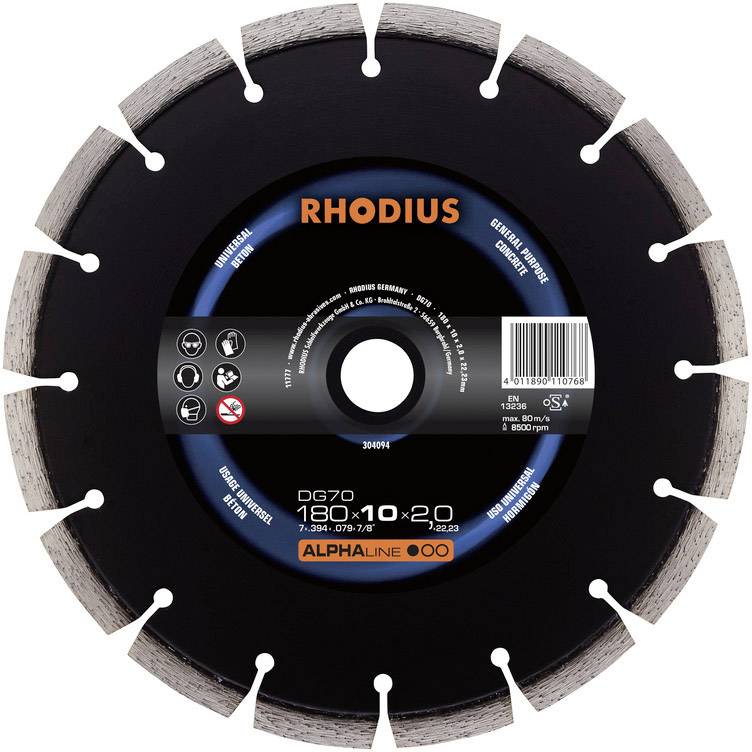 Rhodius 304094 DG70 Tarcza tnąca diamentowa Średnica 180 mm Średnica otworu 22.23 mm beton 1 szt. - obrazek 1