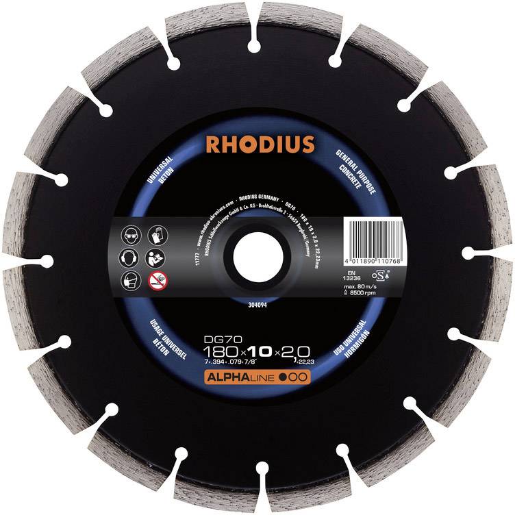 Rhodius 304095 DG70 Tarcza tnąca diamentowa Średnica 230 mm Średnica otworu 22.23 mm beton 1 szt. - obrazek 1