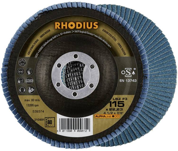 Rhodius 210663 LSZ F3 Tarcza lamelkowa Średnica 115 mm Średnica otworu 22.23 mm Wielkość ziarna 80 stal nierdzewna 1 szt - obrazek 1